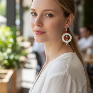 Red Coral and Silver .925 Hoop Earrings with mother of pearl plus clear crys
